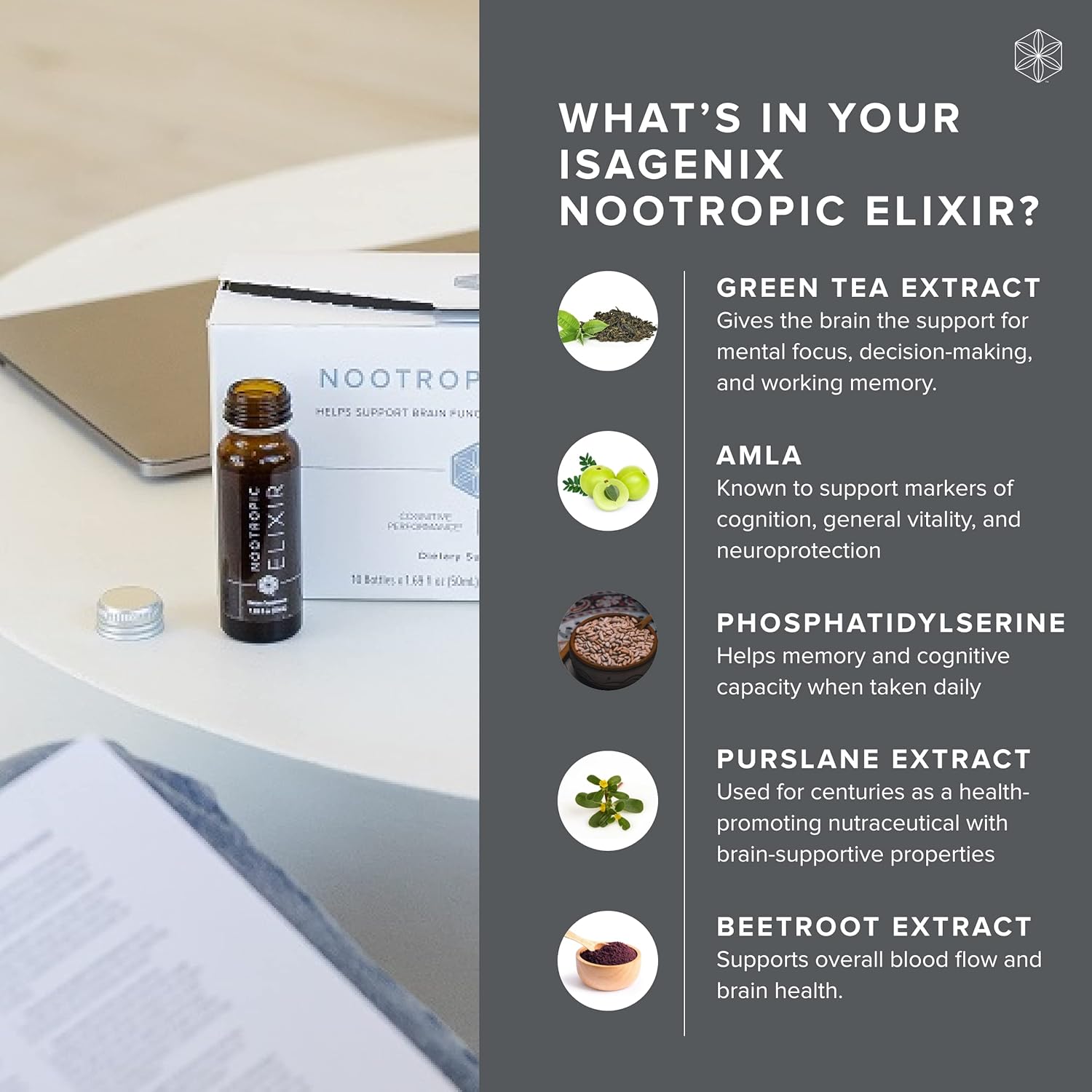 Isagenix Nootropic Elixir- Brain Health & Focus Supplement - Liquid Supplement with Green Tea Extract to Support a Healthy Mindset - 1.69 Oz Bottles (10 Count)