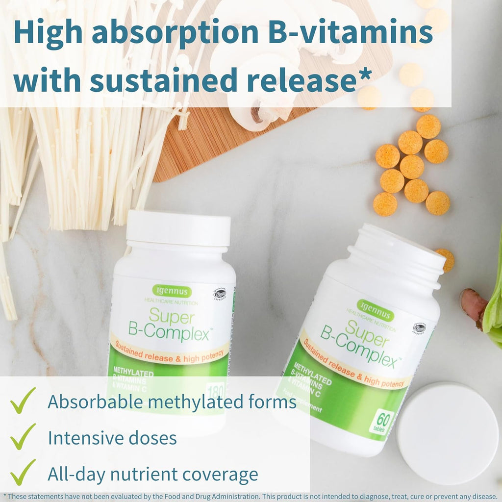 Igennus Super B-Complex Methylated B Vitamins, All Day Nutrient Delivery, Clean Label, MTHFR Supplement with Methylfolate & B12 Methylcobalamin, Vegan, Lab Verified, 60 Small Tablets