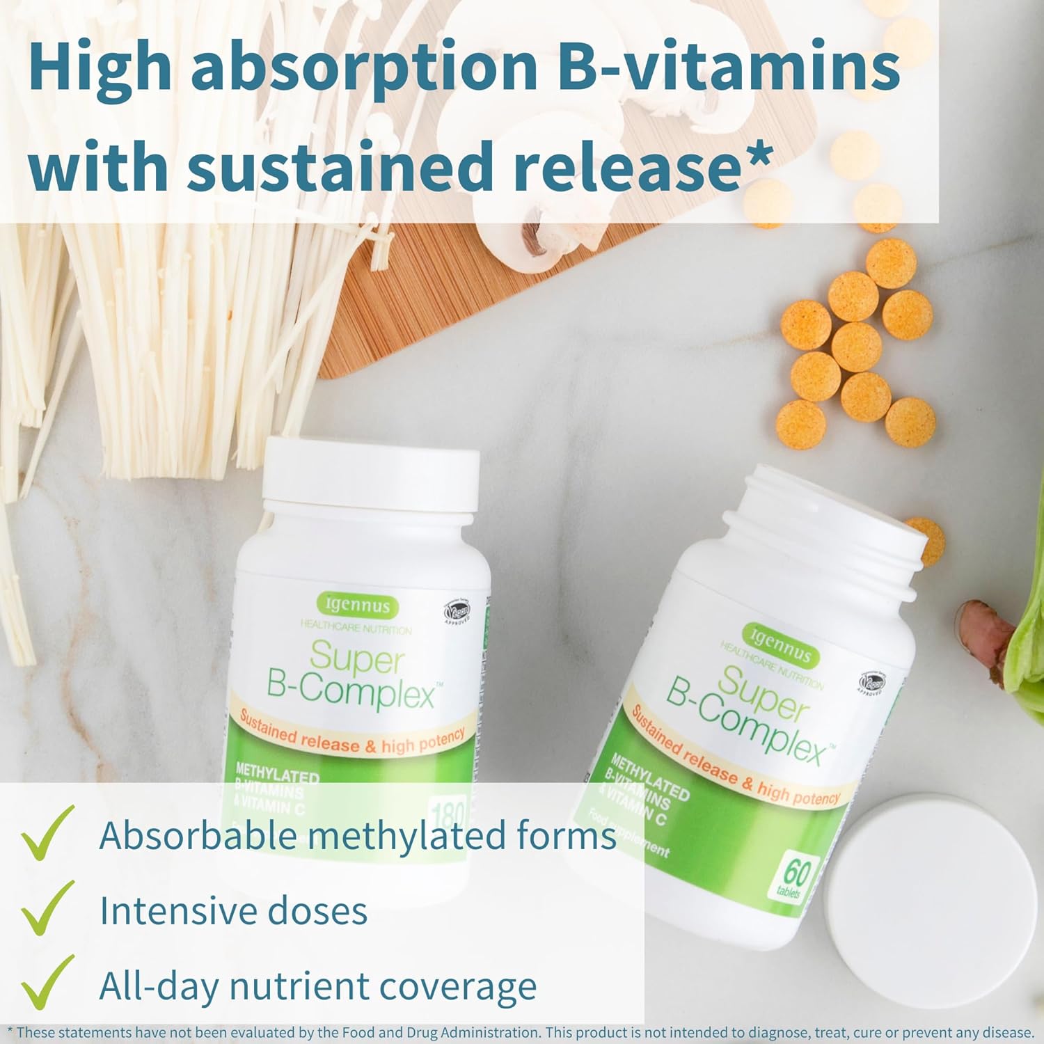 Igennus Super B-Complex Methylated B Vitamins, All Day Nutrient Delivery, Clean Label, MTHFR Supplement with Methylfolate & B12 Methylcobalamin, Vegan, Lab Verified, 60 Small Tablets