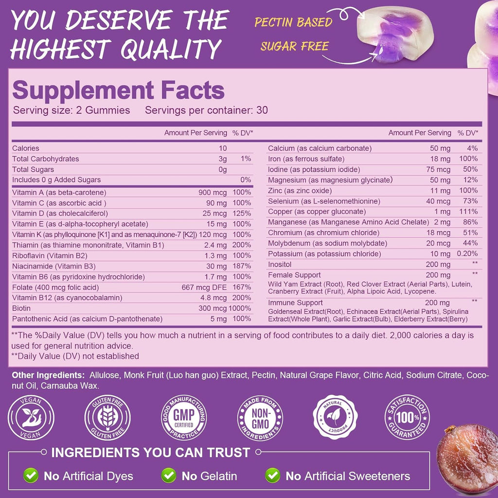 Totaria (2 Pcs) Sugar Free Multivitamin Gummies for Women 14+ w/Inositol, Iron, Folate, Biotin, Womens Daily Multivitamin Gummy w/Vitamin A, D, C, B, Support Hair, Skin, Energy, Immune, Grape Flavor