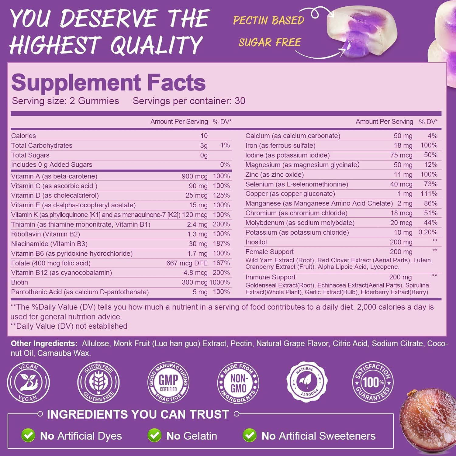 Totaria (2 Pcs) Sugar Free Multivitamin Gummies for Women 14+ w/Inositol, Iron, Folate, Biotin, Womens Daily Multivitamin Gummy w/Vitamin A, D, C, B, Support Hair, Skin, Energy, Immune, Grape Flavor