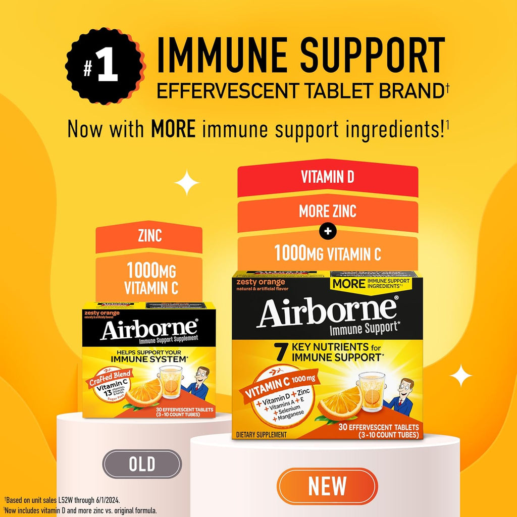 Airborne 1000mg Vitamin C with Vitamin D & Zinc, Sugar Free Multivitamin Immune Support Supplement, Antioxidants Vitamins A C & Vitamin E, 30 Effervescent Tablets, Zesty Orange Flavor