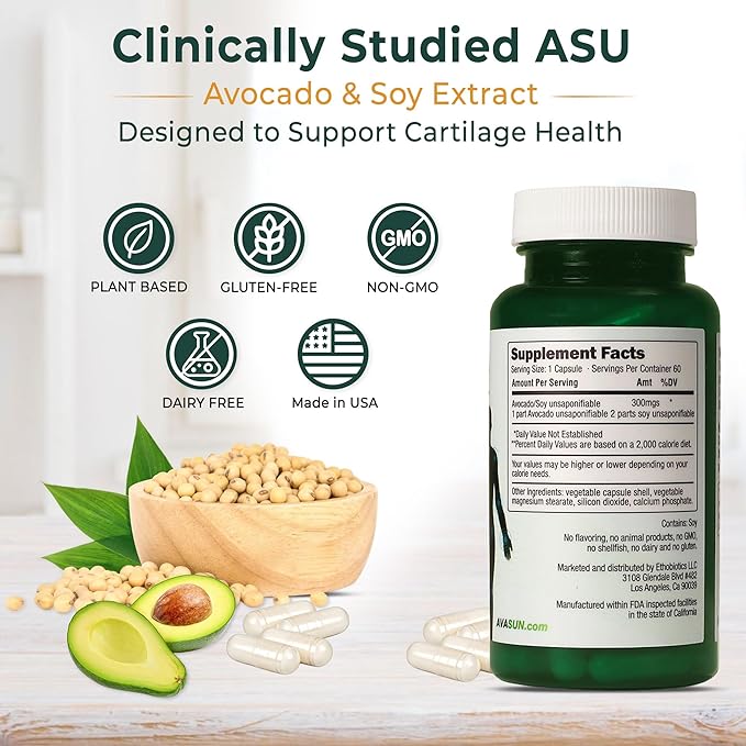 ASU Joint Support Supplement – 300mg Avocado Soy Unsaponifiables for Joint Comfort, Mobility & Cartilage Health, Clinically Studied, Plant-Based, Non-GMO, Gluten-Free, 60 Capsules (2 Month Supply)
