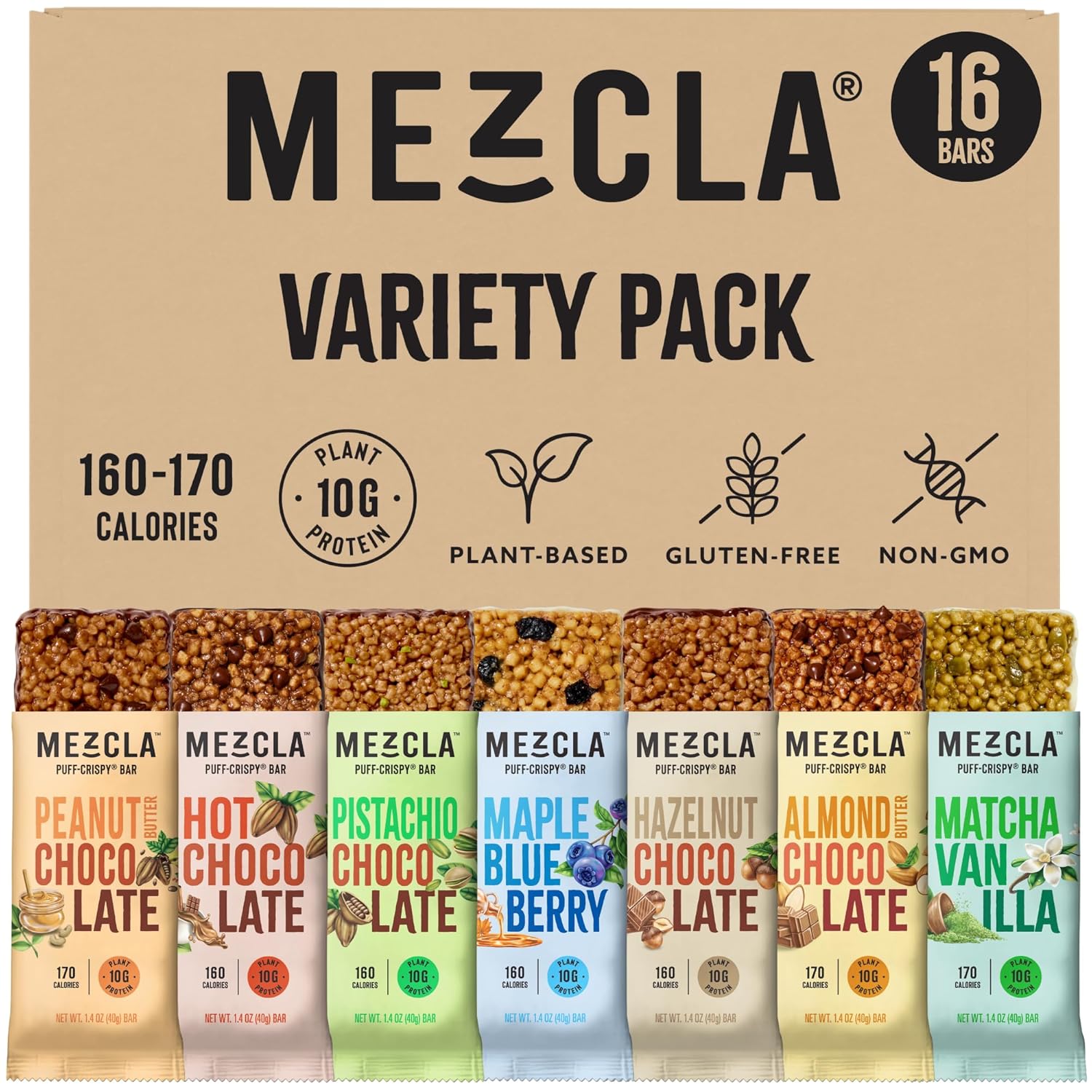 Mezcla Puff Crispy Protein Bars, Gluten Free & Vegan Protein Bars, 10g Protein, Alt for Crispy Rice Treat, Granola Bars & Breakfast Bars, Healthy Snacks for Adults, Variety Pack, 16 Count