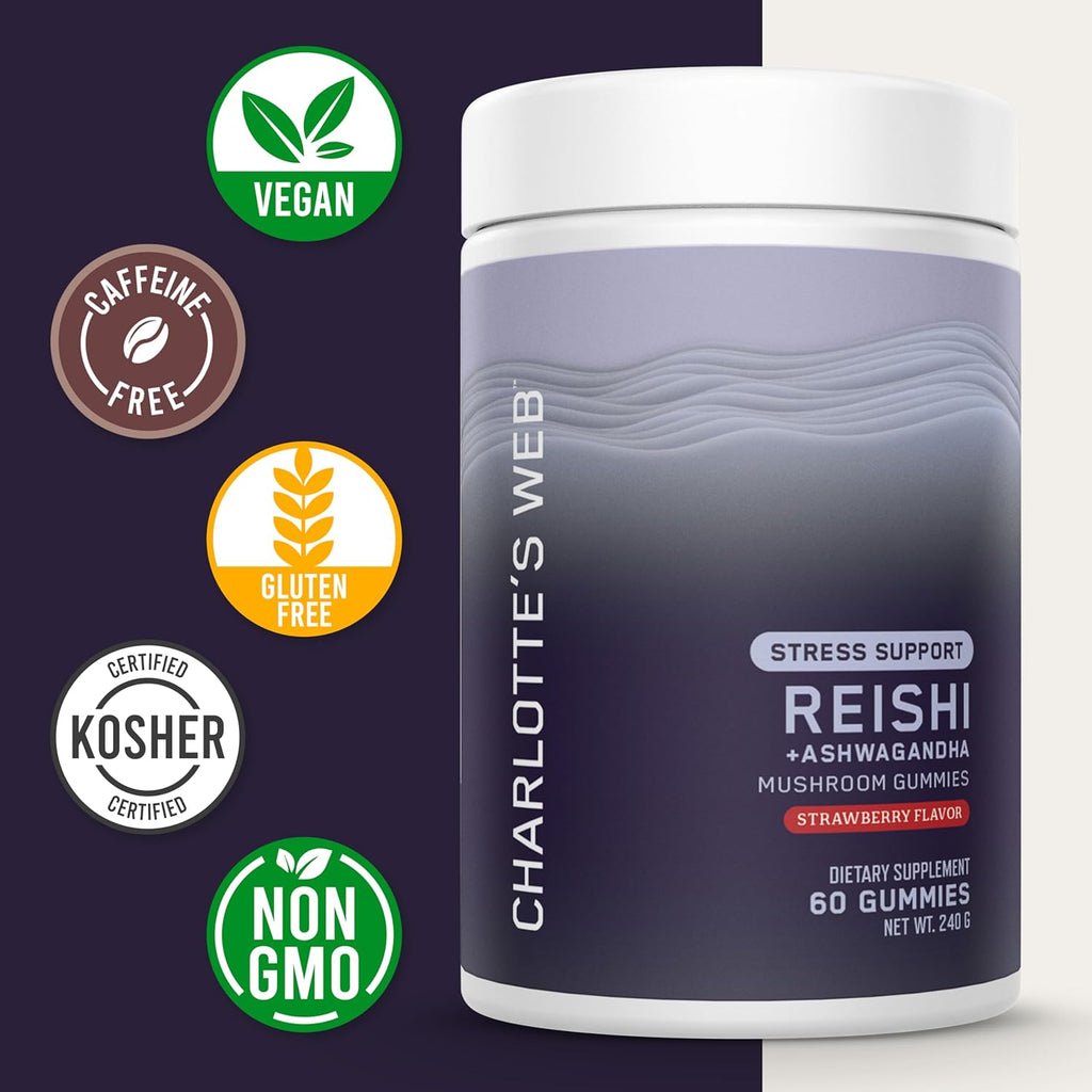 Charlotte's Web Stress Support Mushroom Gummies w/Reishi, Ashwagandha, Rhodiola Rosea Supplement — Natural Supplement — Strawberry-Flavored Ashwagandha Gummies (30 Servings)