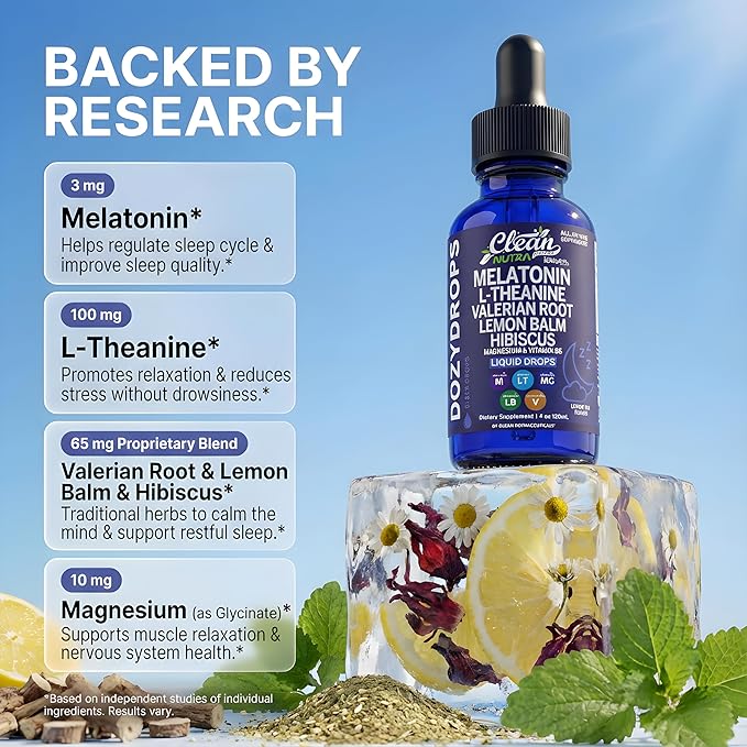 Clean Nutra Melatonin 10mg Drops Magnesium Vitamin B6 L-Theanine Valerian Hibiscus Lemon Balm Supplement Liquid Sugar-Free Vegan Non-GMO Natural Sleep Support Aid Lemon Tea Flavor 120mL Formula