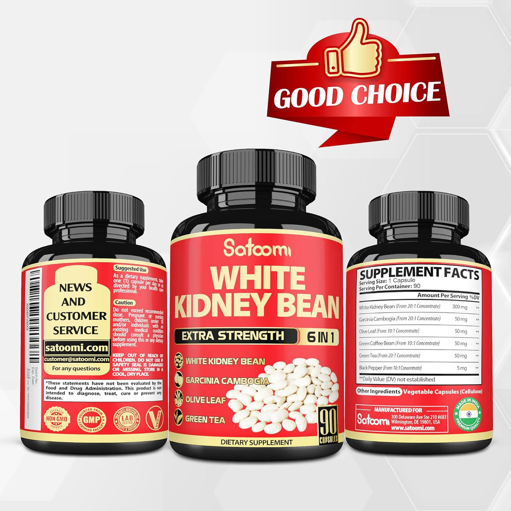Satoomi 6 in 1 White Kidney Bean Extract Capsules -90 Capsules -3 Month Supply - Extra Blend with Olive Leaf, Green Coffee Bean & Green Tea - Support Carb Scale Down