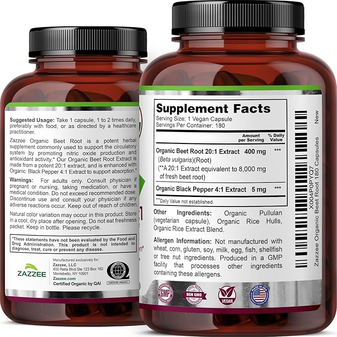 Zazzee USDA Organic Beet Root 8000 mg Strength 20:1 Extract, 180 Vegan Quick Release Capsules, Kosher, Supports Nitric Oxide Production, Black Pepper Extract for Enhanced Absorption, Made in The USA