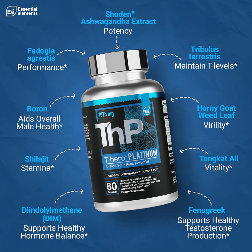 Essential Elements T-Hero Platinum Male Health Supplement for Mens Health - Muscle Growth Support & T-Health with Shoden Ashwagandha, Shilajit, DIM & More - Gym Supplements for Men - 60 Caps