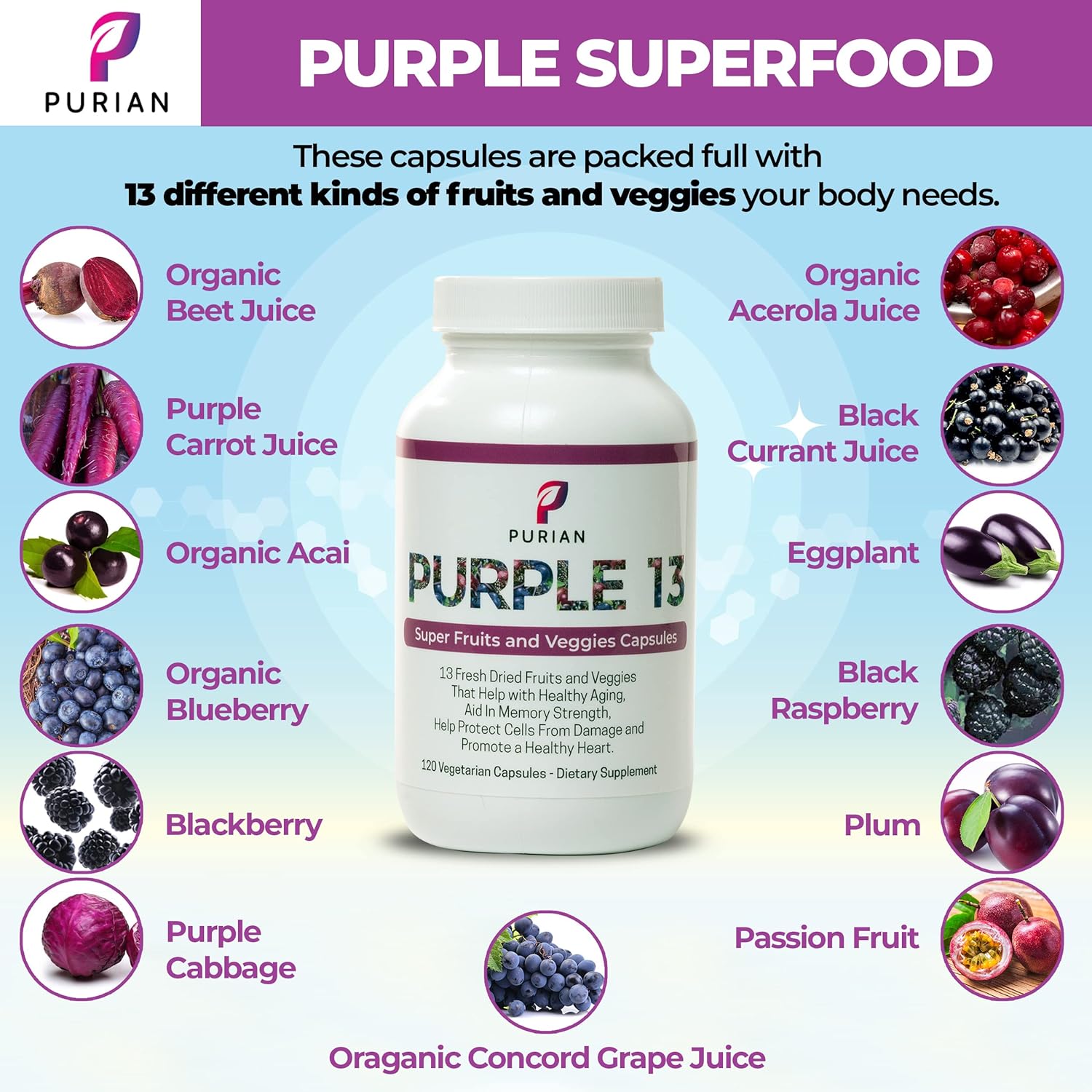 PURIAN Purple SuperFood Fruit and Veggie Supplement Fresh Dried Purple Fruit and Vegetable Supplements Promotes Anti-Aging, Heart Health, Aids Memory Strength, 240 Vegetarian Capsules, 2 Pack