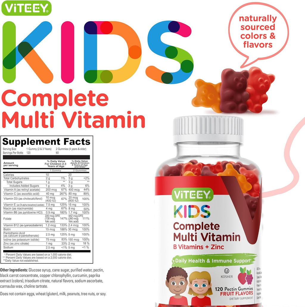 Viteey Kids Multivitamin Gummies, Complete Daily Essential Kids Vitamins - Great for Immune Support & Overall Health - 12 Essential Minerals & Vitamins - Vegetarian, Gelatin Free- Fruit Flavor Gummy