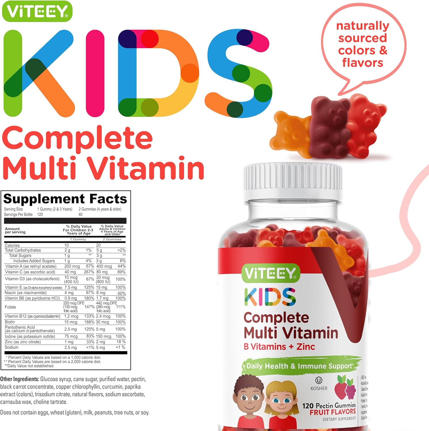 Viteey Kids Multivitamin Gummies, Complete Daily Essential Kids Vitamins - Great for Immune Support & Overall Health - 12 Essential Minerals & Vitamins - Vegetarian, Gelatin Free- Fruit Flavor Gummy