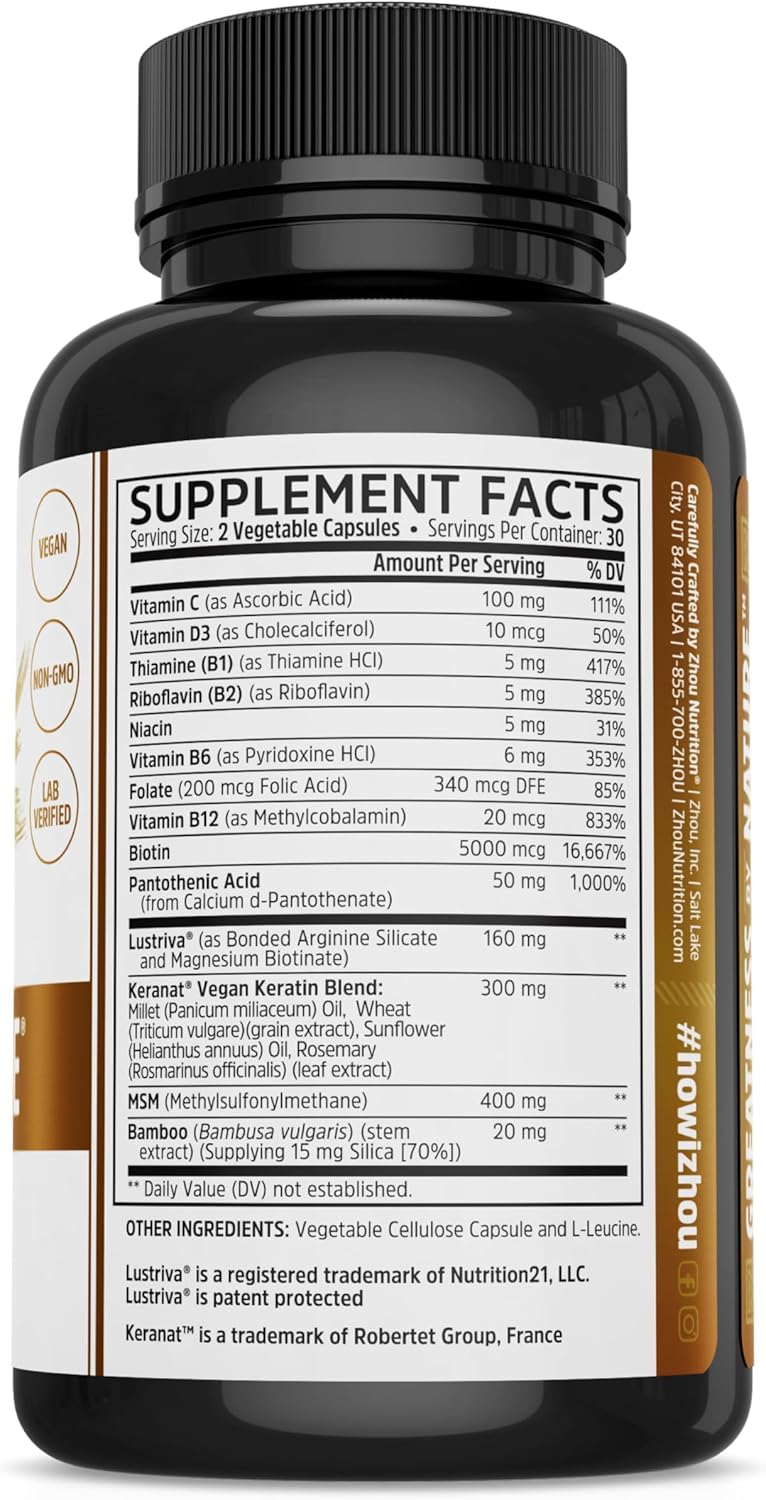 ZHOU Hairfluence, Hair Growth Supplement with Clinically Studied Lustriva and Keranat and Hair Vitamins Biotin 5000mcg, Vitamin D, A, C & B12, Non-GMO, Gluten Free, 60 VegCaps