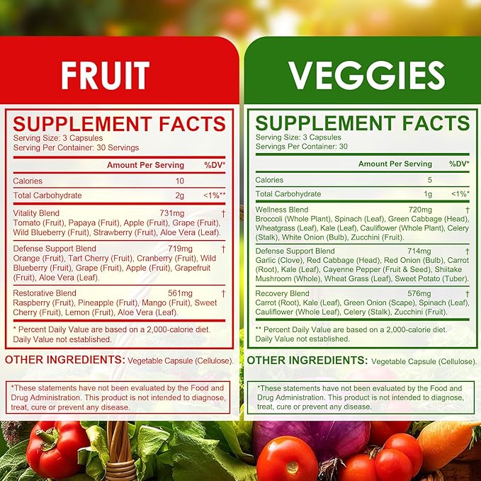 Fiber Fruit and Veggies Supplement, Natural Fruits and Vegetables Supplements Whole Superfood Vitamins & Minerals-90 Veggie and 90 Fruit Capsules for Enhance Immunity, Balanced Gut, Energy Levels