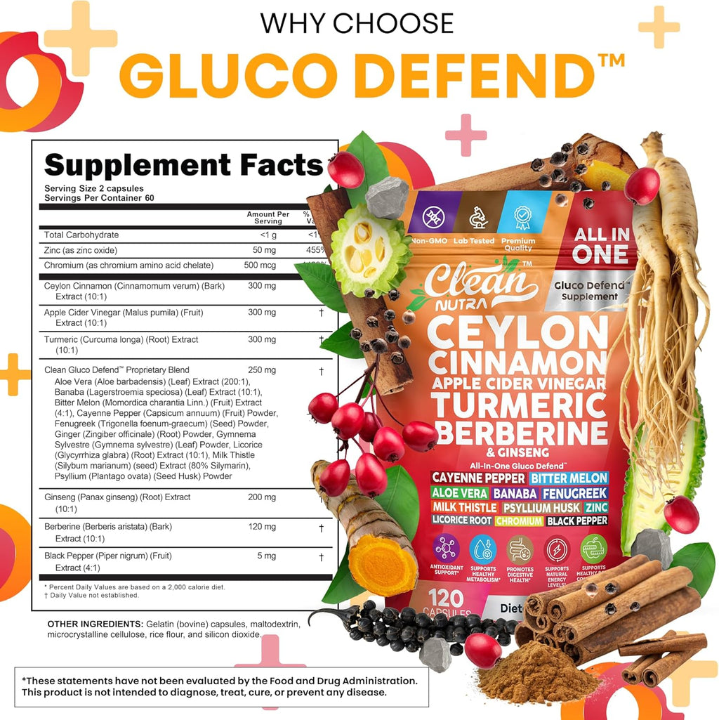 Ceylon Cinnamon Capsules + Apple Cider Vinegar Turmeric Berberine Supplement Ginseng Cayenne Pepper Bitter Melon Aloe Vera Fenugreek Milk Thistle Chromium 120 Pills Gluco Defend by Clean Nutra