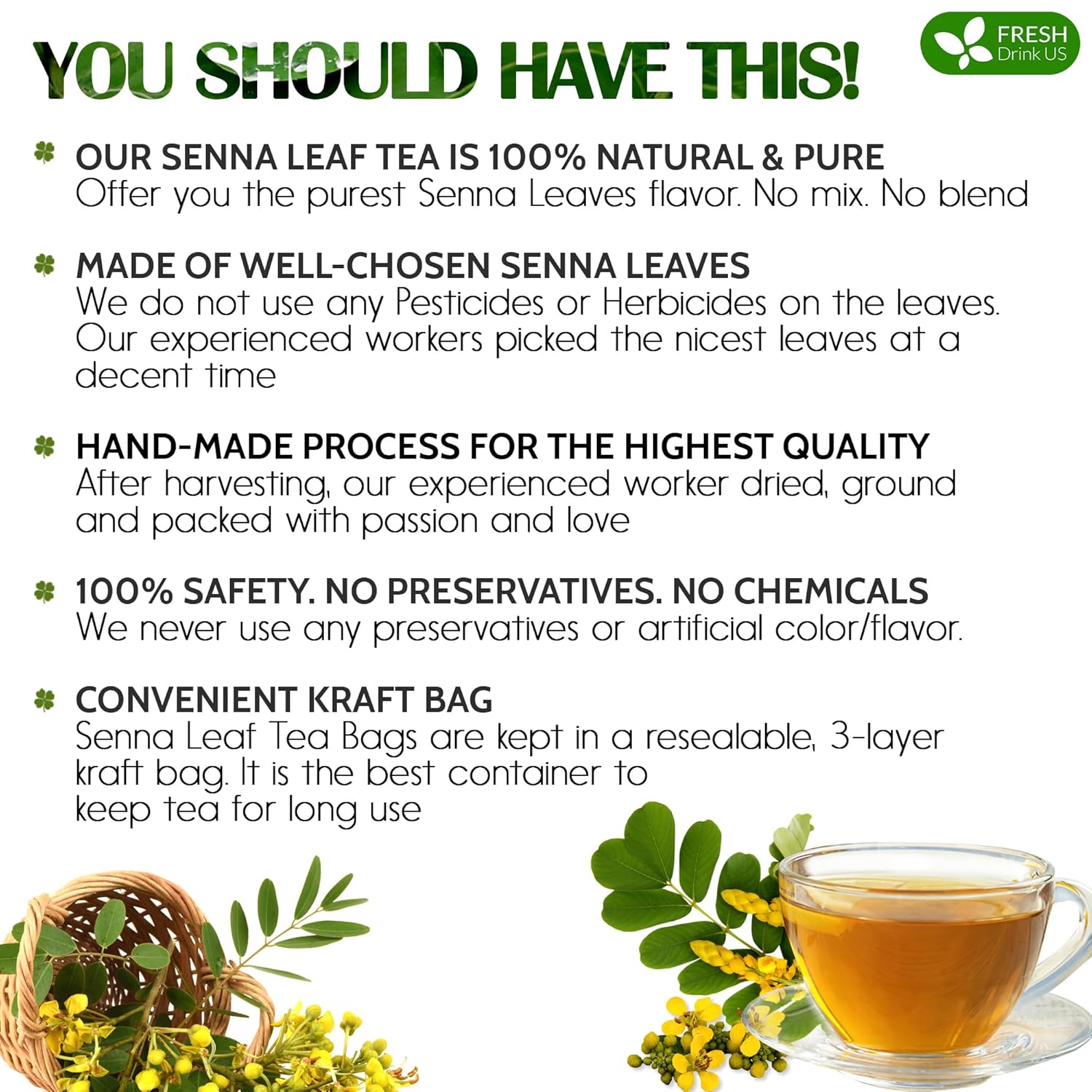 FreshDrinkUS, Premium 135 Senna Leaf Tea Bags for Constipation, Supports Your Cardiovascular System, 100% Natural & Pure. Loose Leaf Senna Herbal Tea, Made with Natural Material Tea Bags. Non GMO, No Sugar/ Caffeine/ Gluten, Vegan.