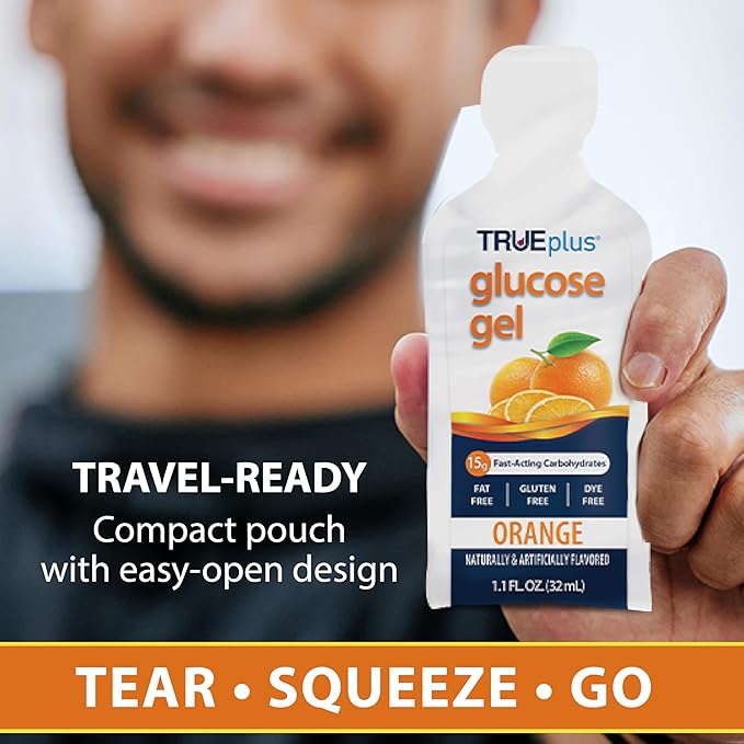 TRUEplus Glucose Gel Pouch, Orange Flavor, 15g Fast-Acting Carbohydrates, Fat Free, Gluten Free, Quick Support for Low Blood Sugar and Energy, 6 Pack