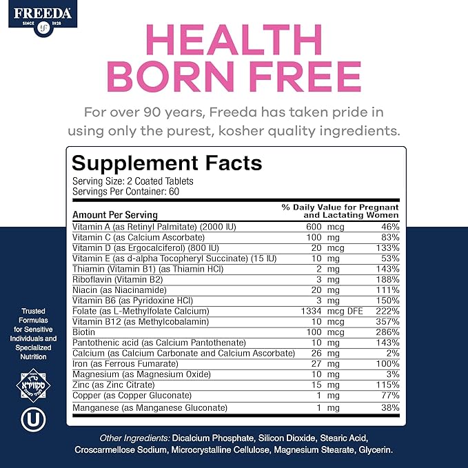 FREEDA Mini Prenatal Vitamin - Kosher Prenatals -Tiny Easy to Swallow Tablets - Prenatal Vitamins with Iron, Prenatal Folic Acid/Folate, Vitamin D - Pre Natal Multivitamin for Pregnant Women (120)