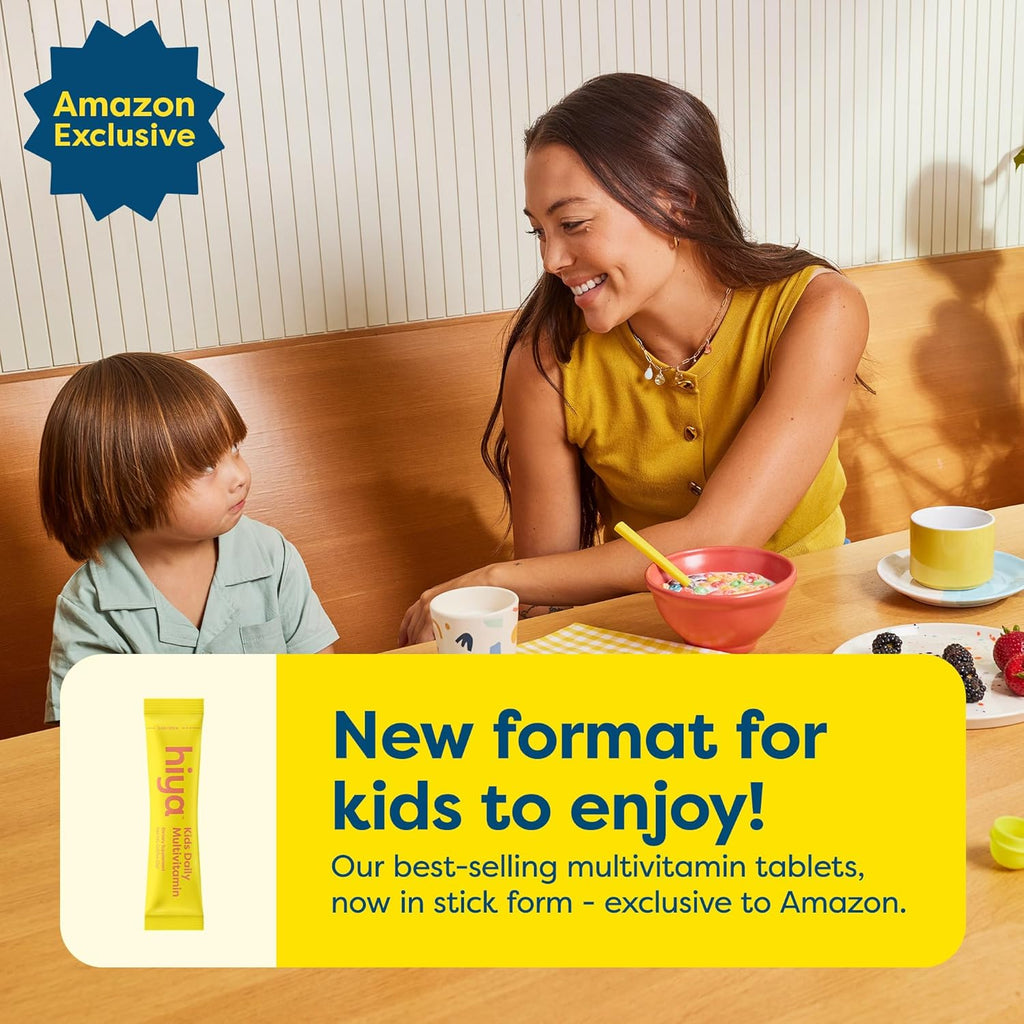 Hiya Kids Multivitamin – 15+ Essential Vitamins & Minerals with Fruits & Veggies for Ages 2+, Supports Growth, Development & Immune, 0g Sugar – 20 Stick Packs for Toddlers & Kids