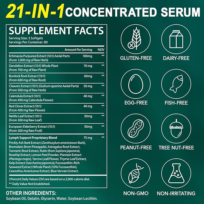 Lymphatic Drainage Supplements-4275mg Echinacea, Dandelion, Burdock Root|21-In-1 Botanical Complex for Lymph System, Balance, Cleanse, Overall Vitality, Less Bloating|Safe & Clean Formula|240 Softgels