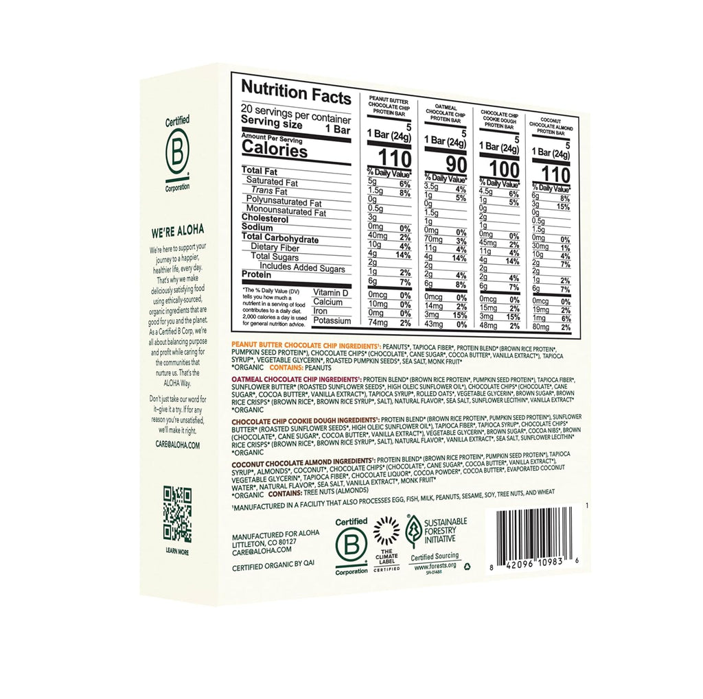 ALOHA Organic Plant Based Protein Bar MINIS | Variety Pack | 20 Count, 24g Bars | Vegan, Low Sugar, Gluten Free, Low Carb, Non-GMO, Stevia Free, Soy Free, No Sugar Alcohols