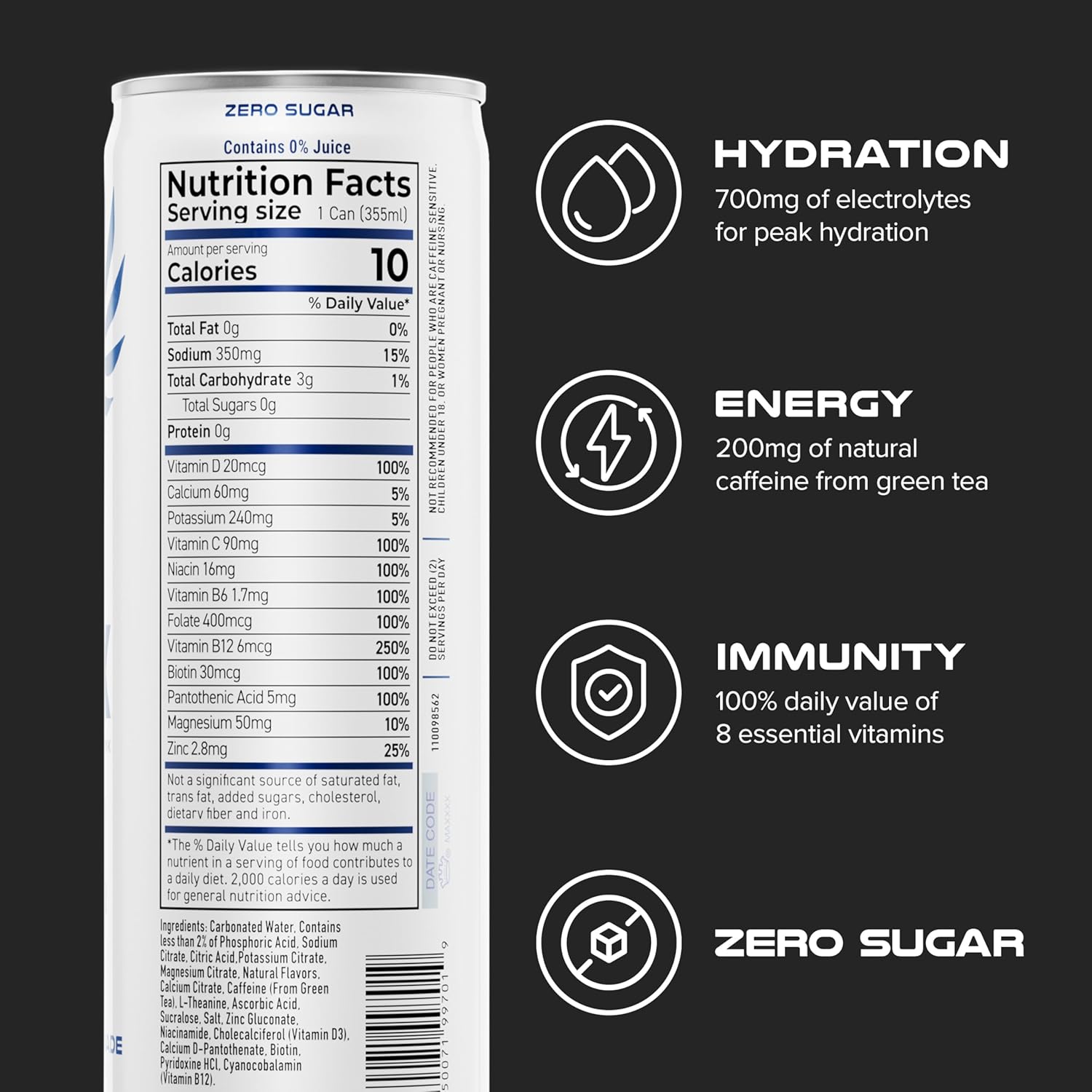 PHX Hydration Energy Drink - 700mg Electrolytes, 200mg Natural Green Tea Caffeine, 100% Daily Value 8 Essential Vitamins - 12 oz Cans (12 Pack) (12 Pack, Blueberry Lemonade)