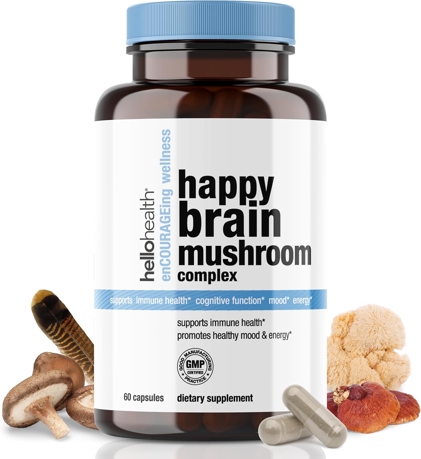 Happy Brain Mushroom Complex Nootropics Brain Support Supplement, 10 Mushroom Supplement: Lions Mane, Turkey Tail, Red Reishi, Shiitake Mushrooms for Improved Clarity, Energy, Immune Support 60ct. 2pk