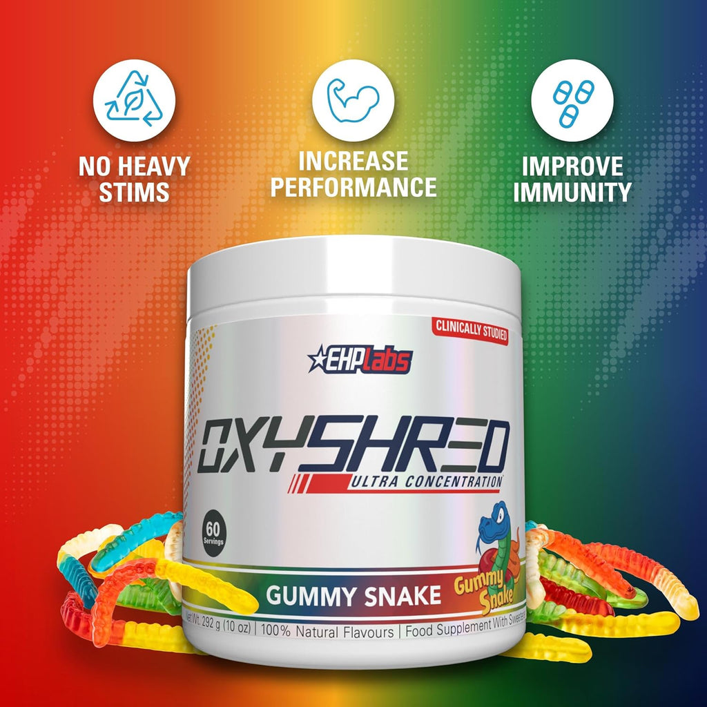 EHP Labs OxyShred Pre Workout Powder - Preworkout Powder with L Glutamine & Acetyl L Carnitine, Energy Boost Drink - Gummy Snake, 60 Servings