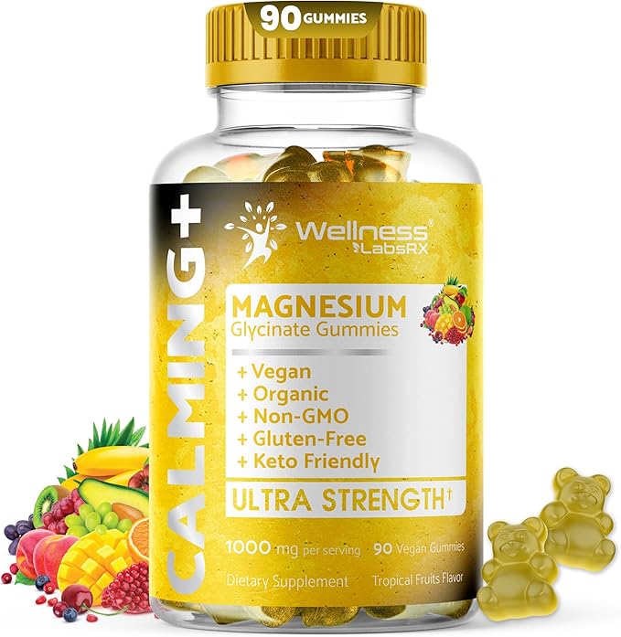 Magnesium Glycinate Gummies, 1000 mg - Magnesium Supplement to Support Relaxation, Heart Health - Chewable Calm Magnesio Gummies for Adults, Glicinato De Magnesio - Tropical Fruits Flavor