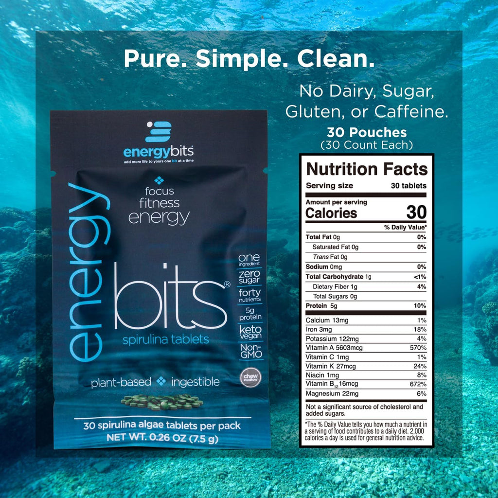ENERGYBITS - Organic Spirulina Tablets - Plant-Based Algae Superfood - for Focus, Fitness, Energy - Plant Protein - Gluten Free - Collagen, Vitamin B12, Omega 3 - Keto & Vegan - 900 Algae Tablets