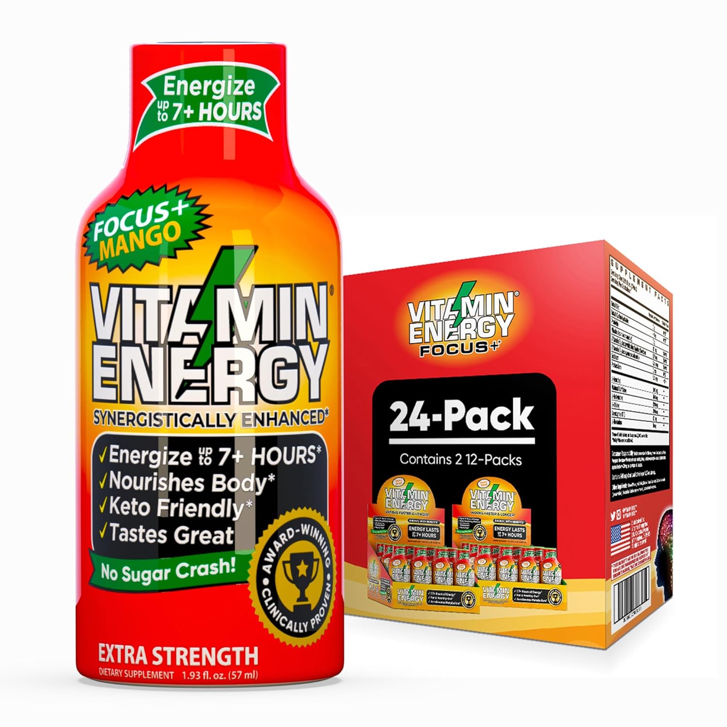 Vitamin Energy Focus+ Extra Strength Energy Shot Mango 24 Pack, 260mg Natural Caffeine, B-Vitamins, CoQ10, Amino Acids, Focus, Productivity & Clarity, Zero Sugar, Gluten-Free, 1.93 fl oz