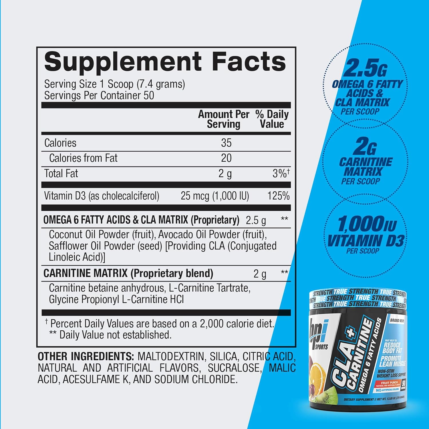 BPI Sports CLA+Carnitine – CLA L Carnitine & Linoleic Acid – L Carnitine Supplement for Weight Loss, Metabolism & Lean Muscle – Caffeine Free – Fruit Punch – 50 Servings – 12.34 oz