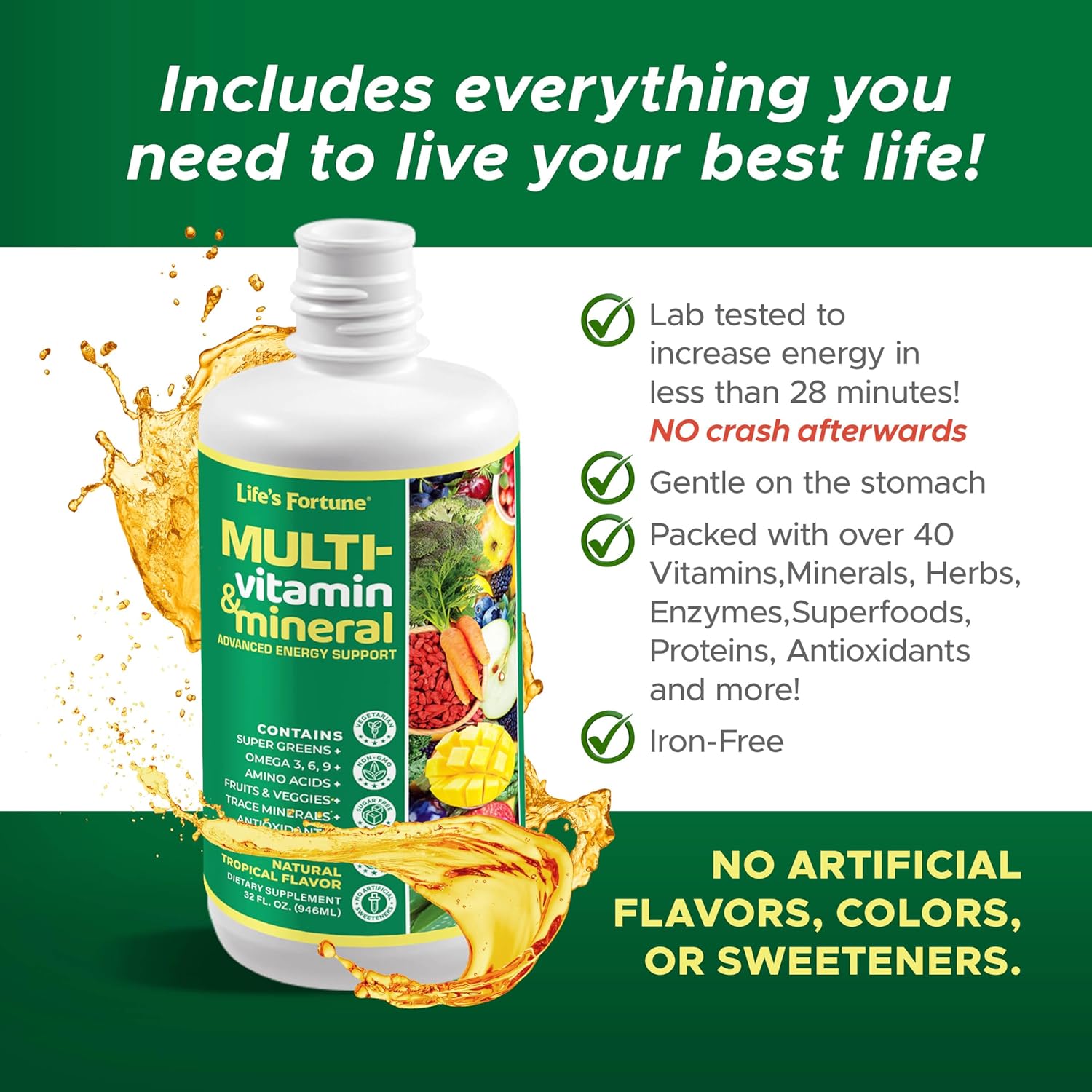 Life's Fortune Liquid Multivitamin for Adults Men & Women, Teens – High Absorption Daily Vitamins – Trace Minerals, Amino Acids with Biotin, L-Arginine, Potassium – Tropical Flavor, Sugar Free, 32 oz