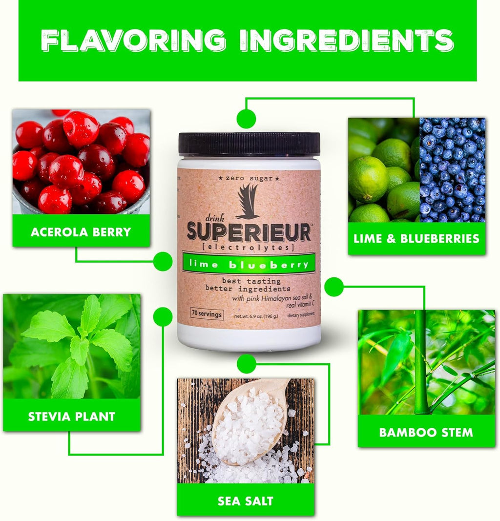 Superieur Electrolytes–Plant Based Electrolyte Supplement w/Sea Minerals for Hydration & Recovery–Keto Friendly, Non-GMO, Zero Sugar, Vegan, Healthy Sports Drink Powder–Lime Blueberry (70 Servings)