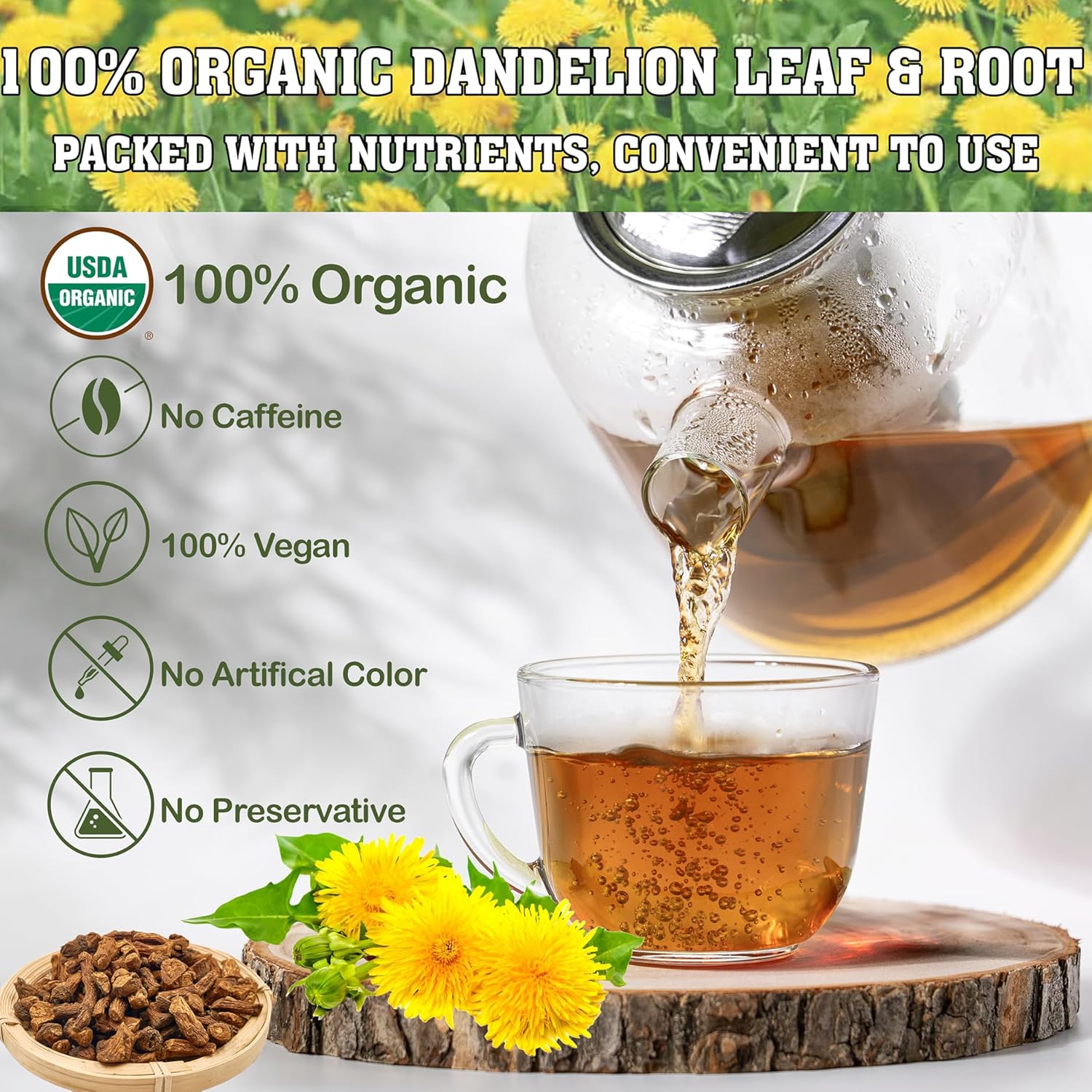 USDA Organic Dandelion Root Tea Bags , Roasted Coffee Substitute & Liver Kidney Cleanse Tea, Digestion & Bloating Relief Support, 100% Organic & Pure Dandelion Root, Non-GMO, Caffeine Free, 120 teabags Eco-Conscious Corn Fiber