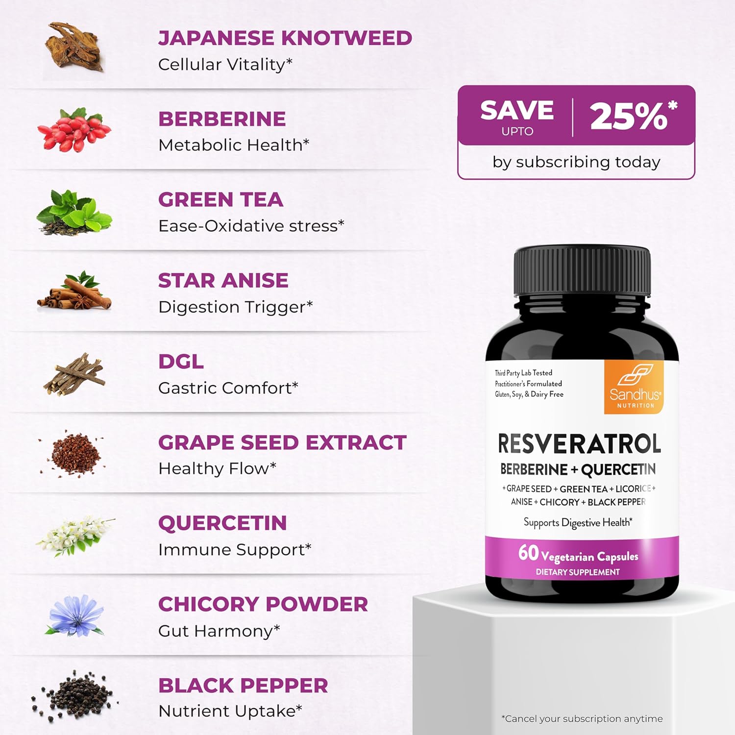 Sandhu's Resveratrol with Berberine for Gut Health | Digestive Supplement for Women & Men | Green Tea, Star Anise, DGL, Grape Seed Extract & Quercetin | Eases Bloating | 60 Capsules (Pack of 1)