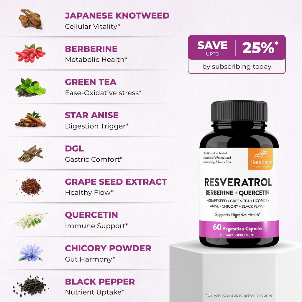Sandhu's Resveratrol with Berberine for Gut Health | Digestive Supplement for Women & Men | Green Tea, Star Anise, DGL, Grape Seed Extract & Quercetin | Eases Bloating | 60 Capsules (Pack of 4)