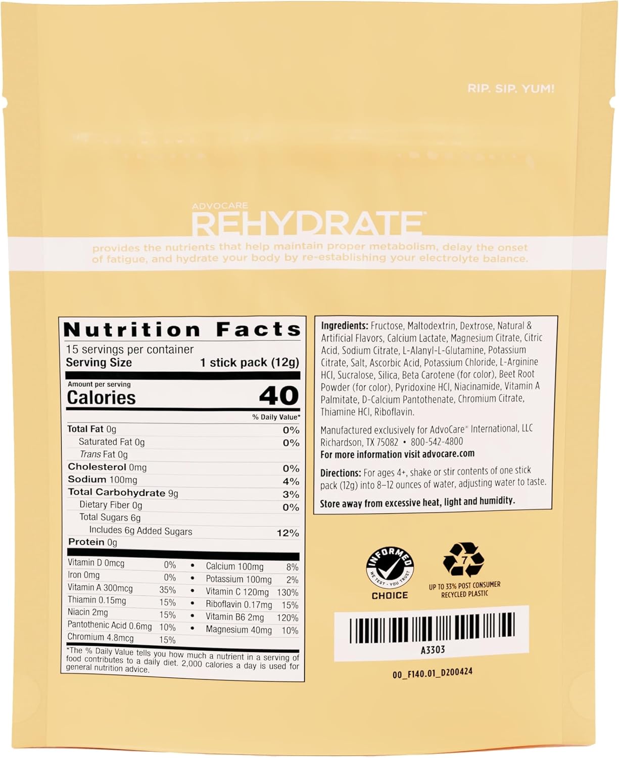 AdvoCare Rehydrate - Electrolyte Drink Mix - Includes Magnesium, Sodium, Potassium & Calcium - Antioxidant & Amino Acid Fortified - Hydration & Recovery - Melon, 15 Stick Packs (6.3 oz)