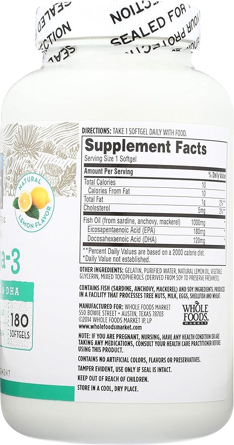 365 by Whole Foods Market, Omega-3 Lemon, 180 Count