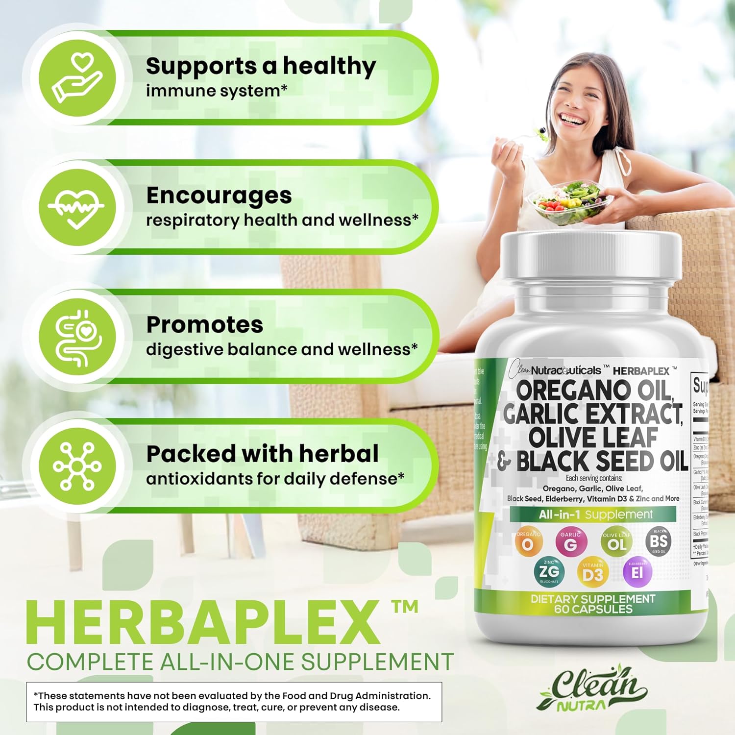 Clean Nutraceuticals Oregano Oil Garlic Extract Olive Leaf Black Seed Oil - Immune Support & Digestive Health Supplement for Women and Men with Vitamin D3 & Zinc - 2Pack