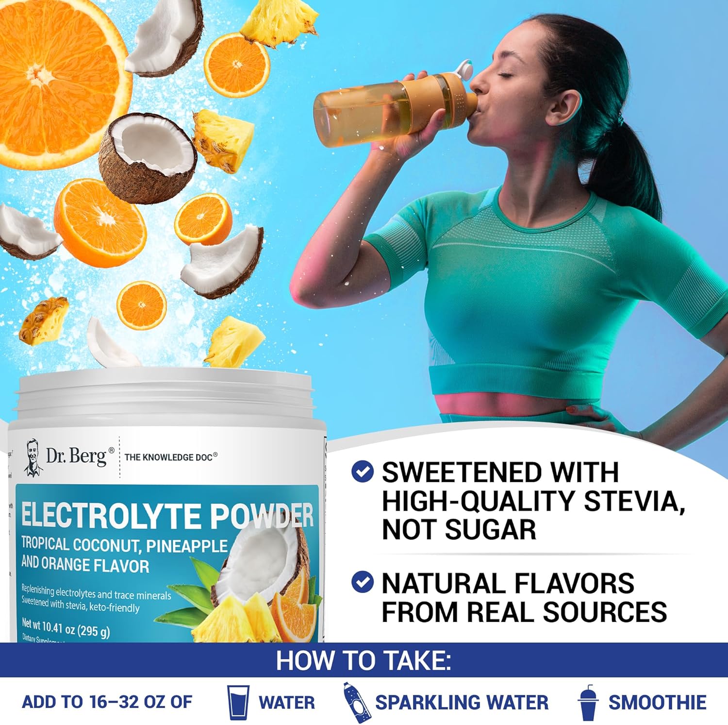 Dr. Berg Zero Sugar Hydration Keto Electrolyte Powder - Enhanced w/ 1000 mg of Potassium & Real Pink Himalayan Salt (NOT Table Salt) - Tropical Coconut, Pineapple & Orange Drink Supplement 50 Servings
