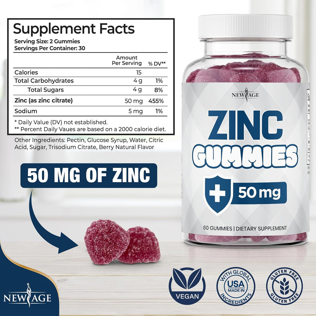 NEW AGE Zinc Gummies - 50mg High Immune Booster Zinc Supplement, Immune Defense, Powerful Natural Antioxidant, Non-GMO 180 Count (Pack of 3)