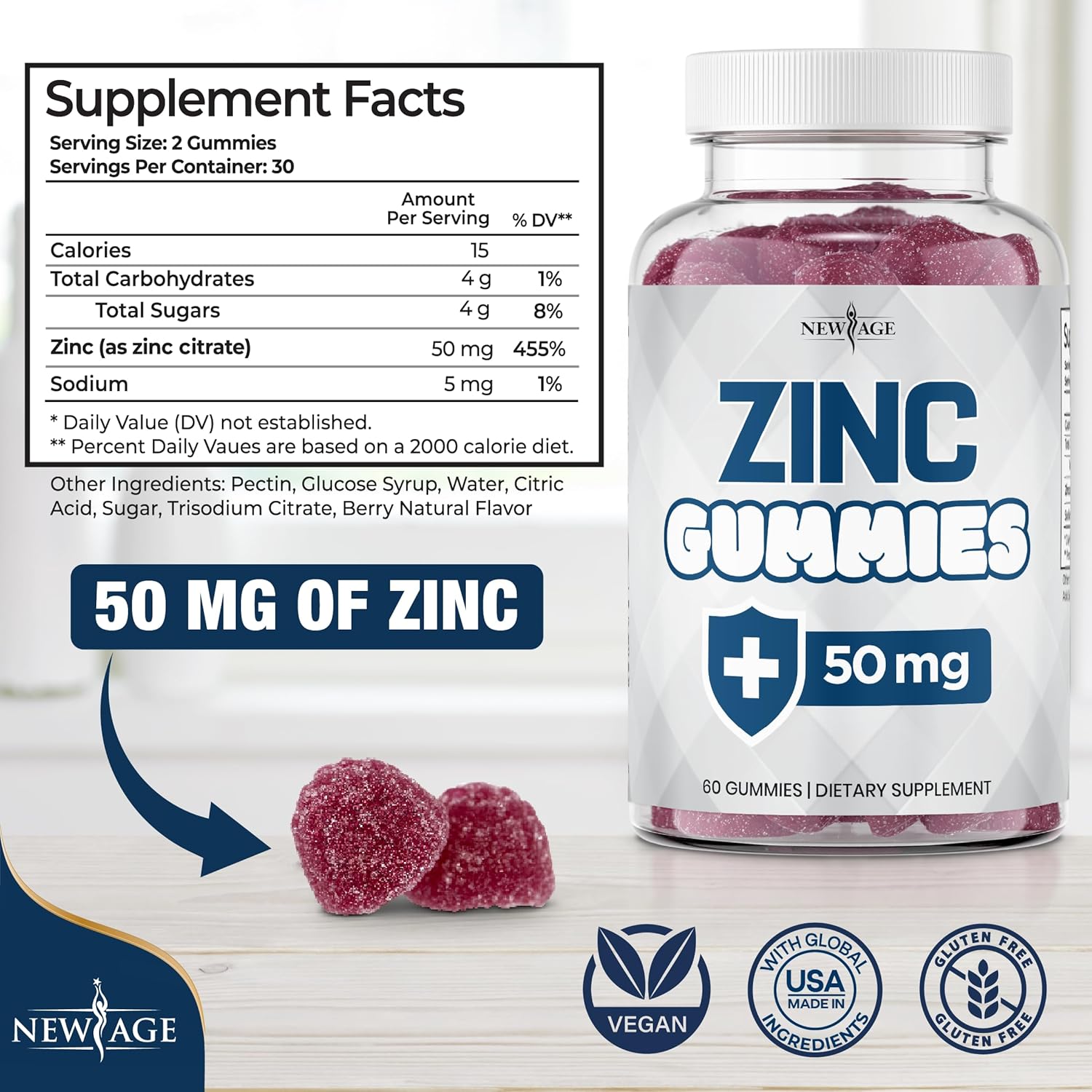 NEW AGE Zinc Gummies - 50mg High Immune Booster Zinc Supplement, Immune Defense, Powerful Natural Antioxidant, Non-GMO 180 Count (Pack of 3)
