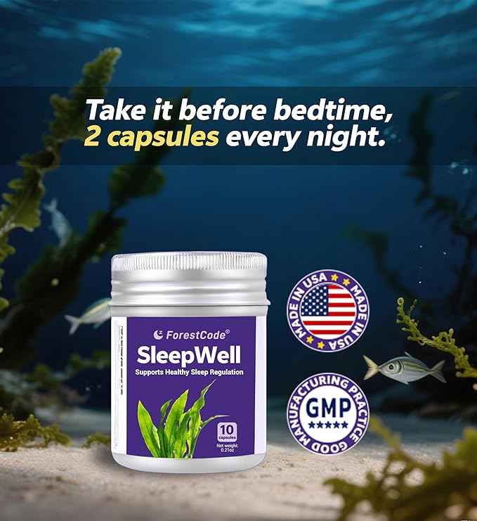 Natural Sleep Aid for Adults with GABA & Seaweed Extract, Melatonin-Free Supplement for Deep Sleep & Stress Relief, Non-Habit Forming 10 Capsules
