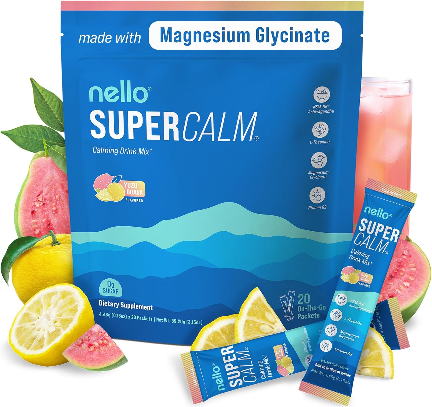 Supercalm Drink Mix - Ashwagandha KSM 66, Magnesium Glycinate & L-Theanine Supplement, Vitamin D3 - Ashwagandha Root Extract - Focus and Relaxation Support (20 Travel Packets) - Yuzu Guava