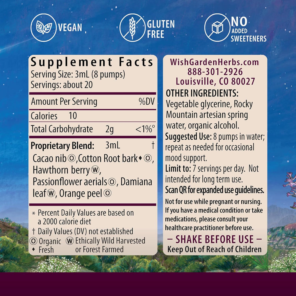 WishGarden Herbs Liquid Bliss Mood Elevator - Plant-Based Herbal Mood Support Supplement, Natural Mood Booster with Organic Cacao, Cotton Root, Passionflower, Increases Sense of Connection, 2oz