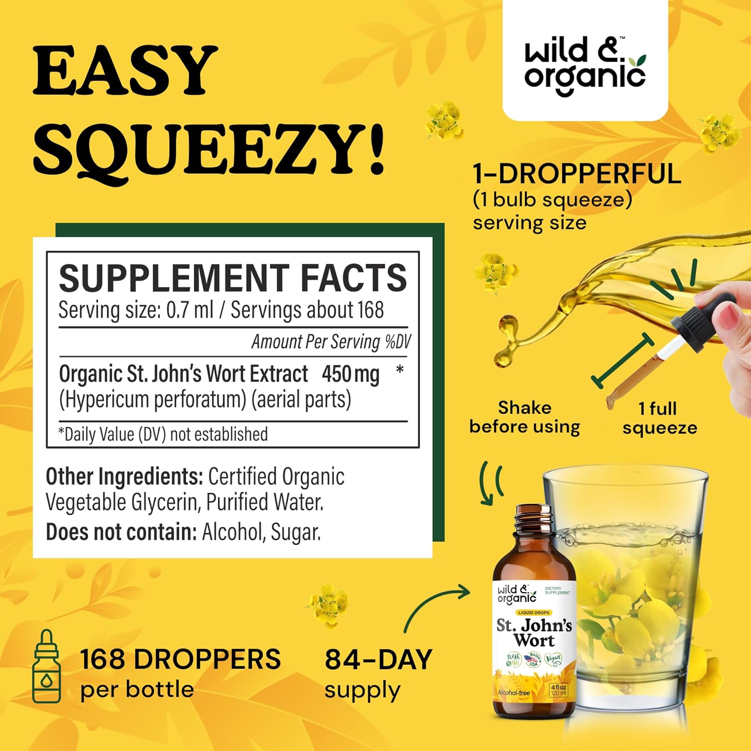 Wild & Organic St Johns Wort Tincture - Mood Support - Calming St John's Wort Supplement - Hypericum Perforatum Herbal Liquid Drops - Vegan, Sugar & Alcohol Free - 4 fl oz