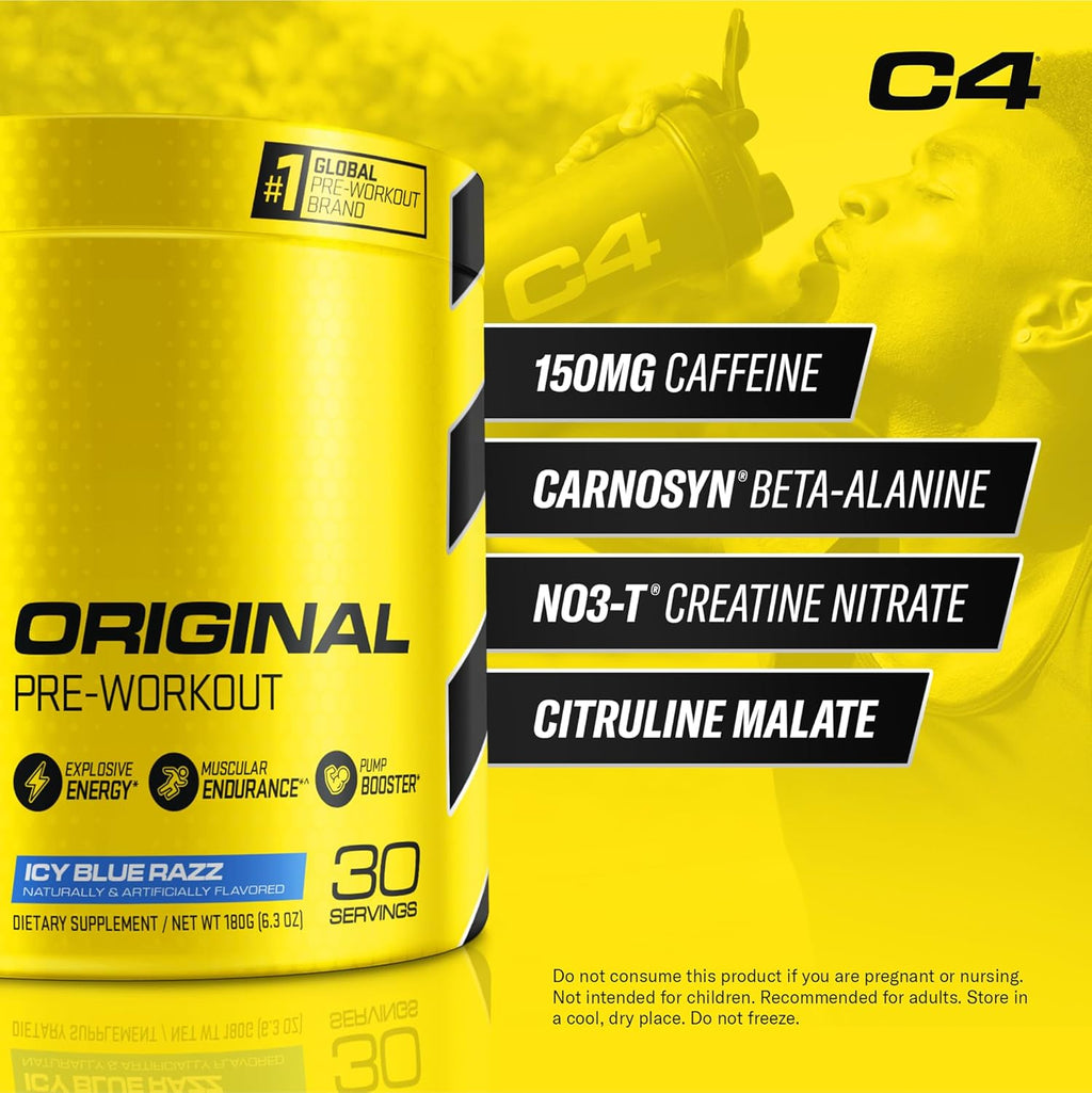Cellucor C4 Original Pre Workout Powder ICY Blue Razz | Vitamin C for Immune Support | Sugar Free Preworkout Energy for Men & Women | 150mg Caffeine + Beta Alanine + Creatine | 30 Servings
