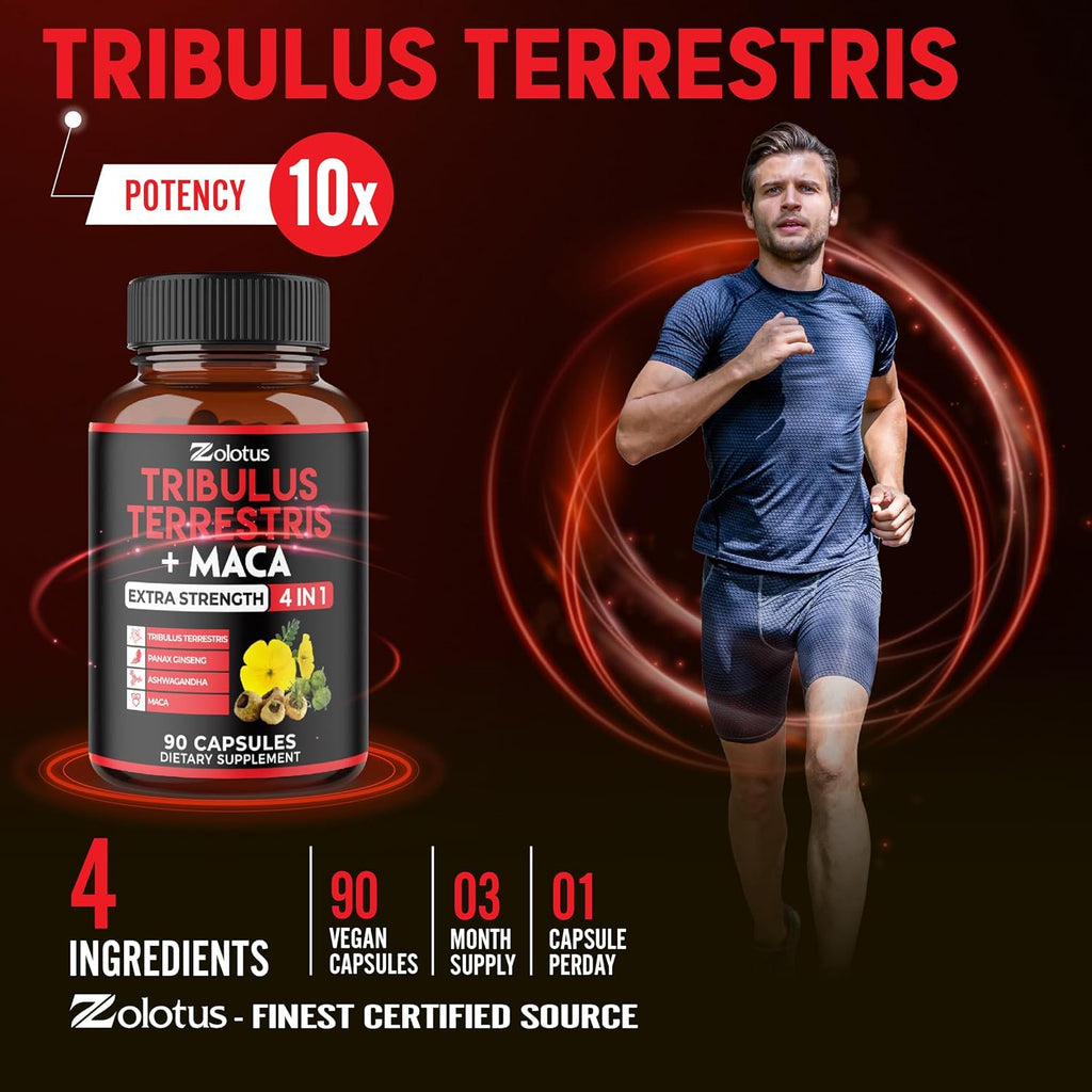 Zolotus Premium Tribulus Terrestris Capsules - Combined with Ashwagandha, Panax Ginseng & Maca - 90 Counts for 3 Months