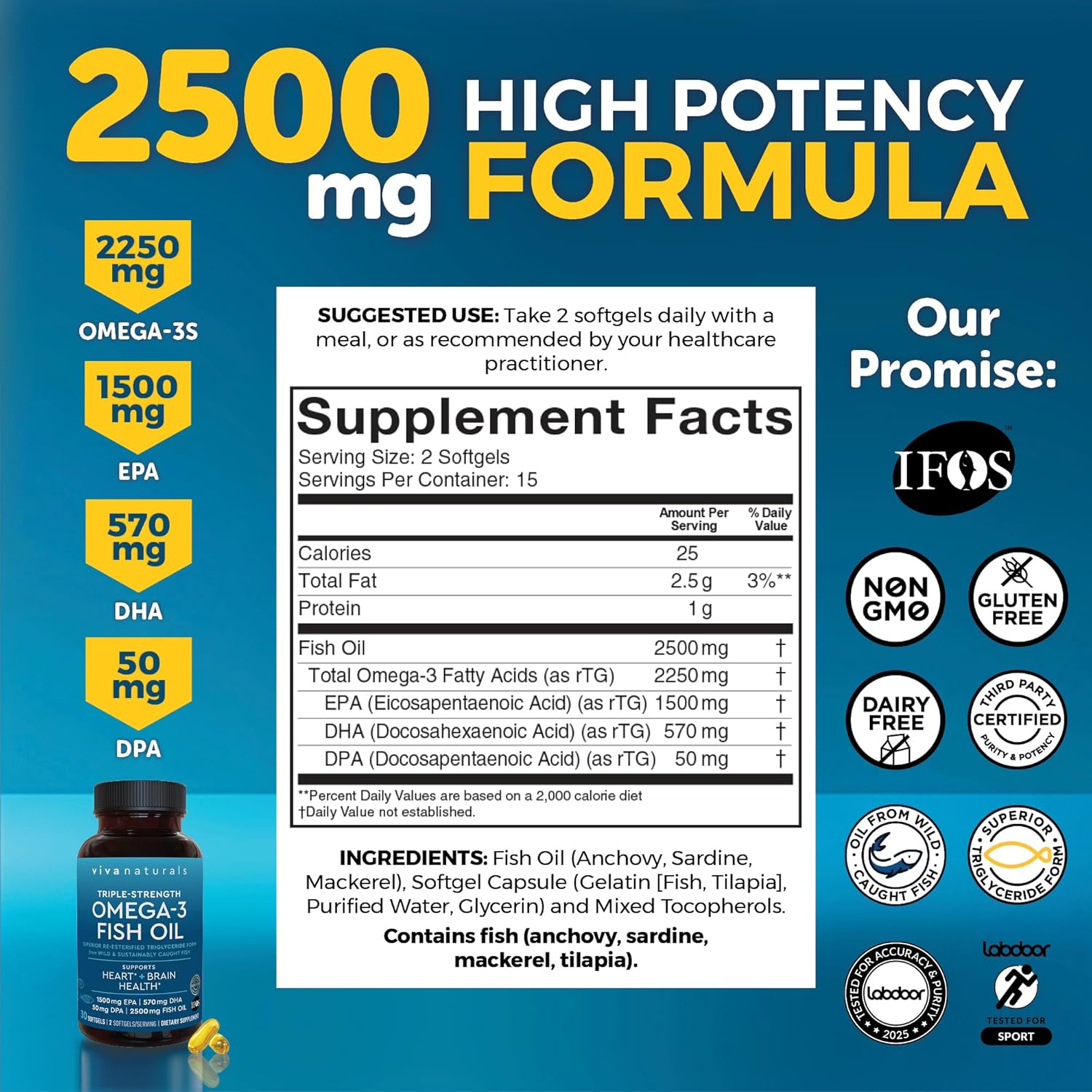 Viva Naturals Omega 3 Fish Oil Supplement for Women and Men - 2500 mg Triple Strength Fish Oil Pills with Re-Esterified Omega 3 Fatty Acids Including EPA, DHA DPA - 30 Pescatarian-Friendly Softgels